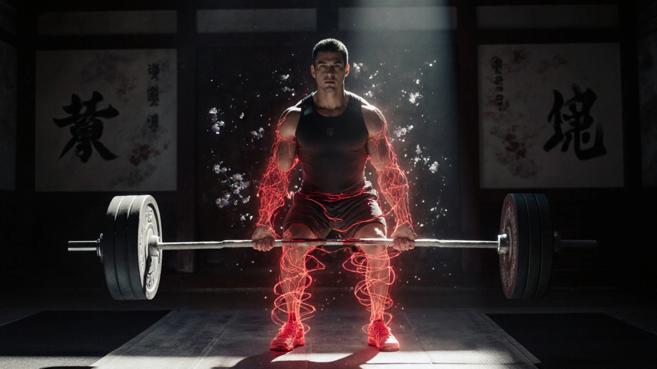 A man lifting weights in a serene space, glowing energy spiraling from his body as oxygen molecules orbit him.