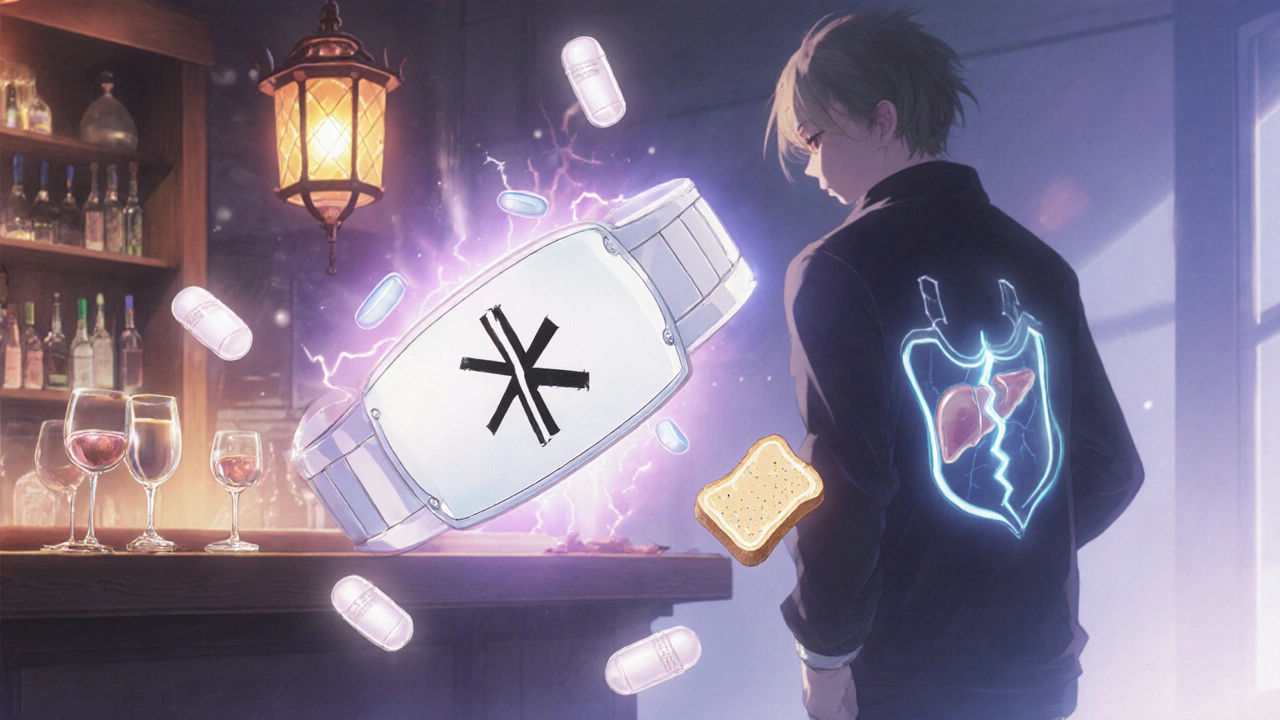 A medical ID bracelet floats with glucose tablets and wine glasses, a figure turns away from a bar as their liver cracks in the background.