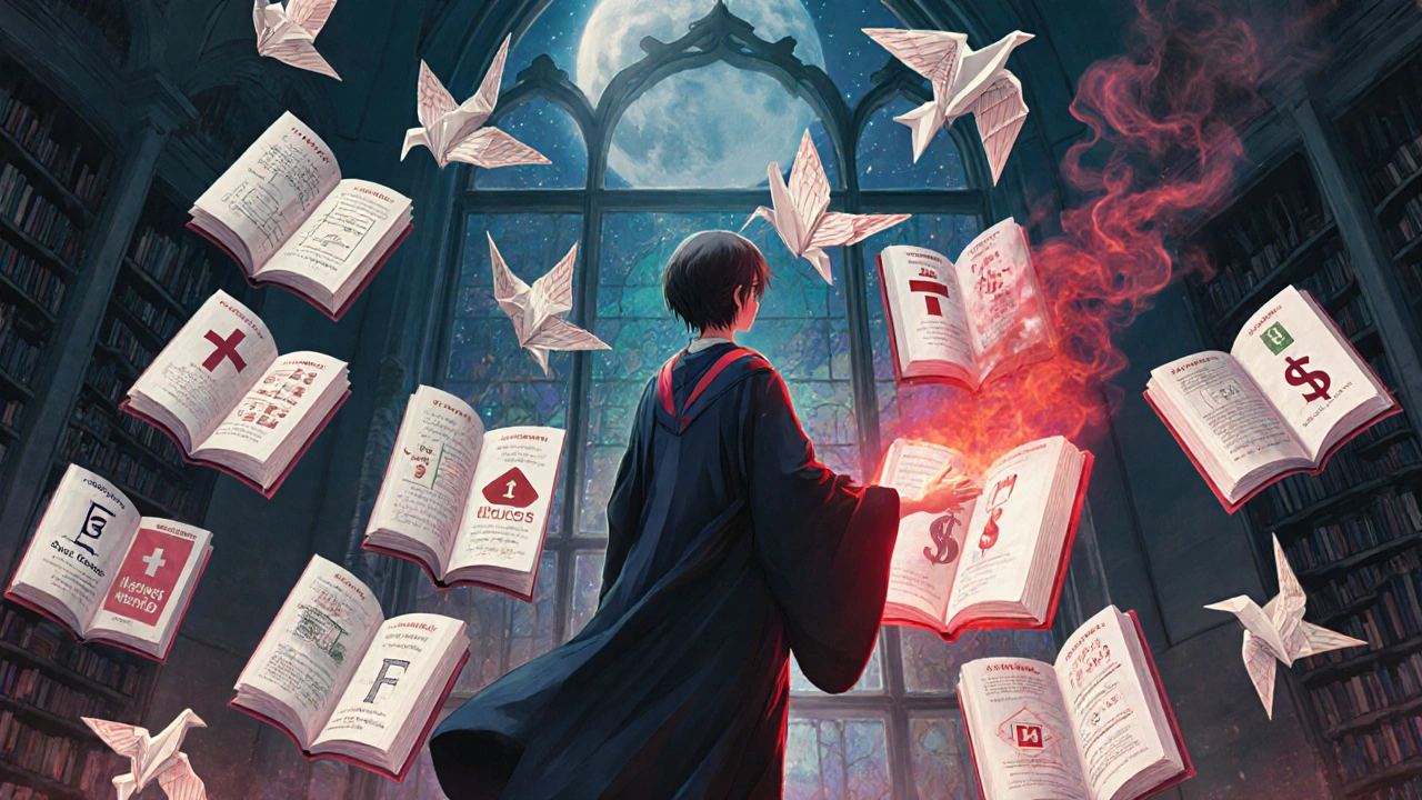 A medical student stands before a celestial library of drug cost books, their pages dissolving into price tags and insurance symbols.