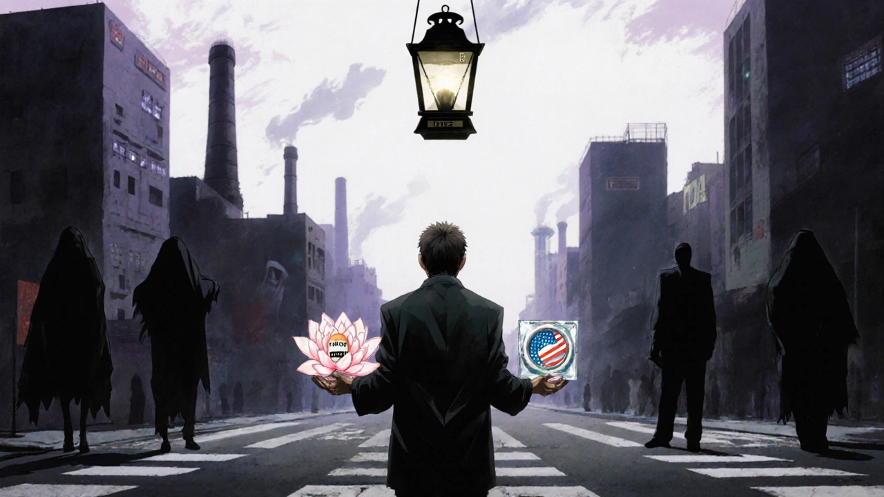 A patient holds two versions of the same pill, surrounded by ghostly factories and a hovering inspection lantern.