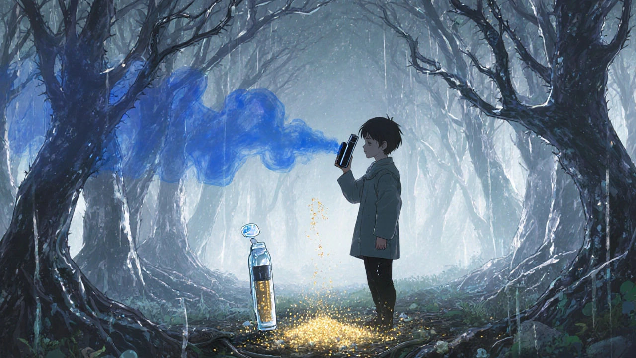 A person performing an inhaler ritual in a crystalline bronchial forest, with golden medicine reaching deep roots.