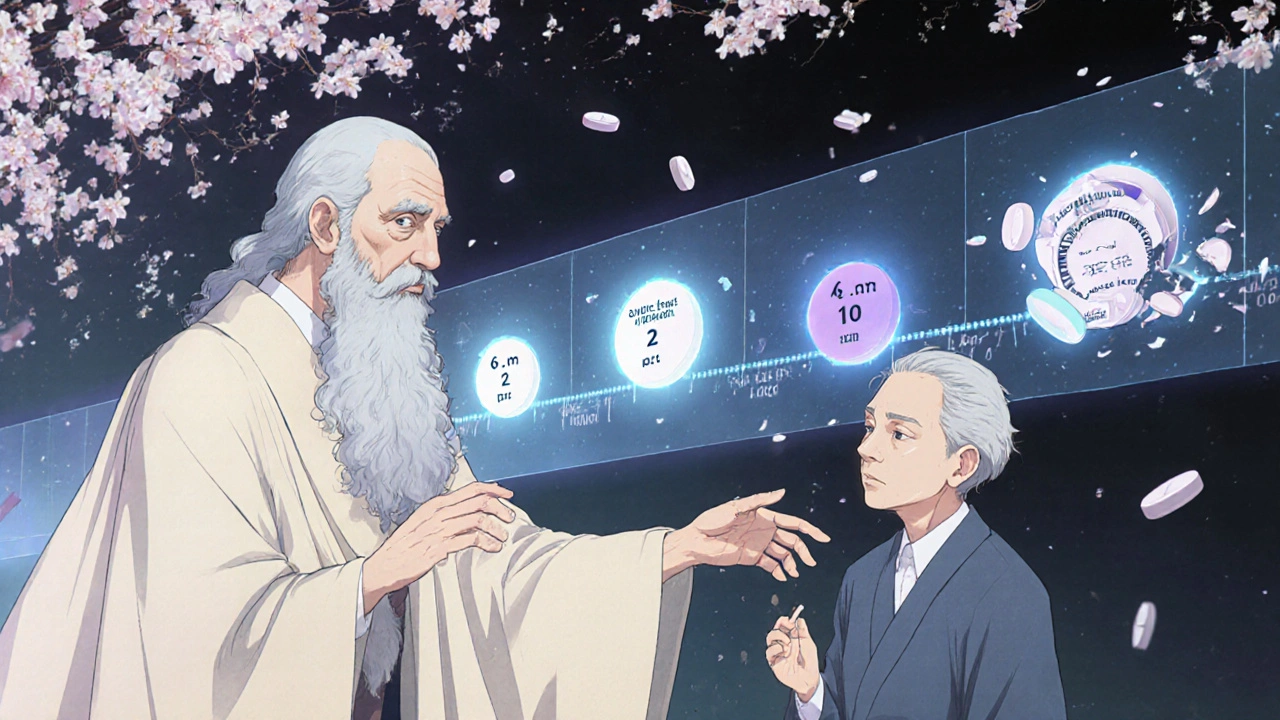 A pharmacist guides an elderly patient through a holographic timeline of medication times with floating pills.