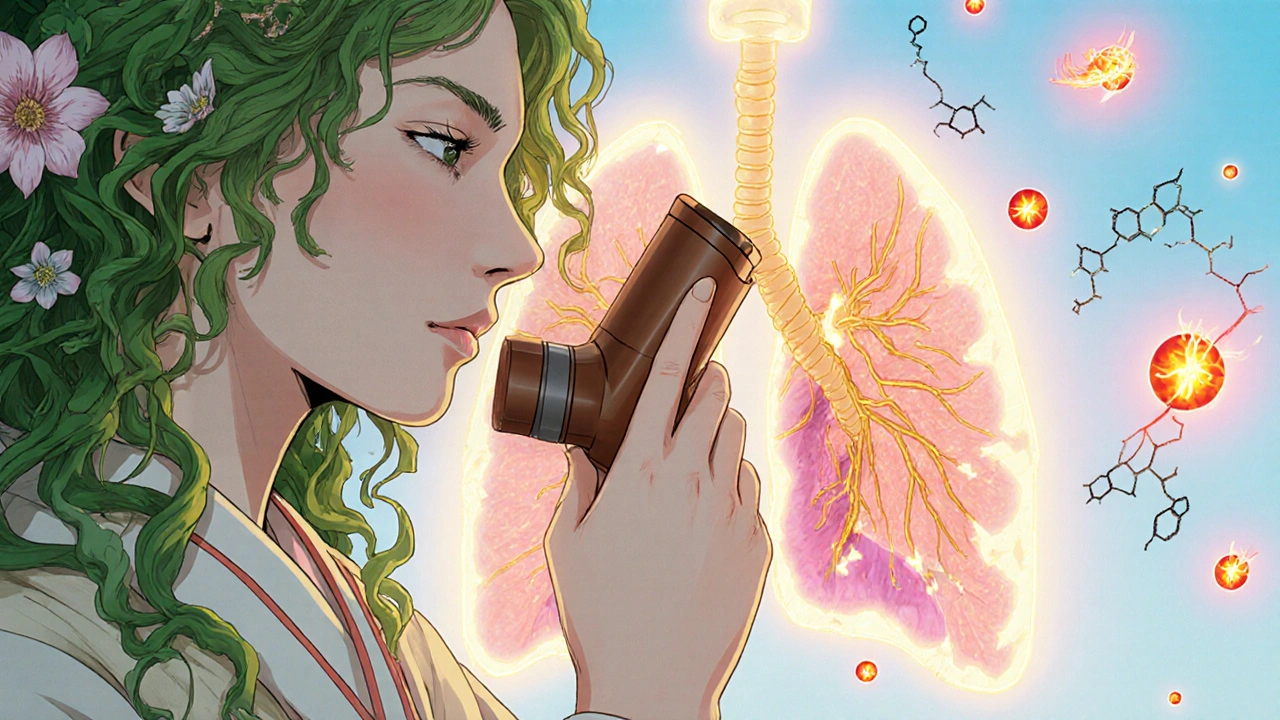 A robed figure healing a lung with golden threads, silencing fiery inflammation with quiet grace.