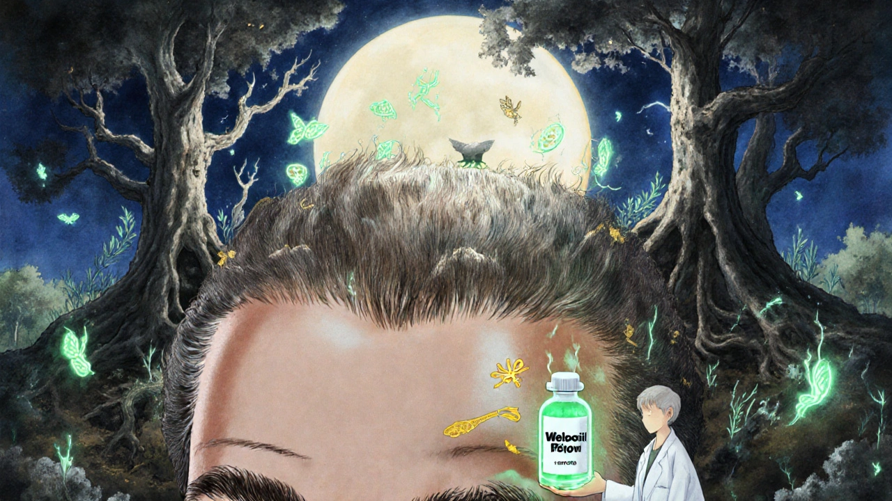 A scalp depicted as a glowing forest, with withering roots and new bioluminescent shoots under moonlight.