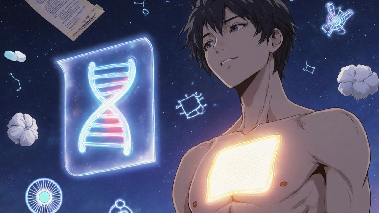 A smart sweat patch glowing on skin, with a glowing gene helix and floating medical icons in a twilight scene.
