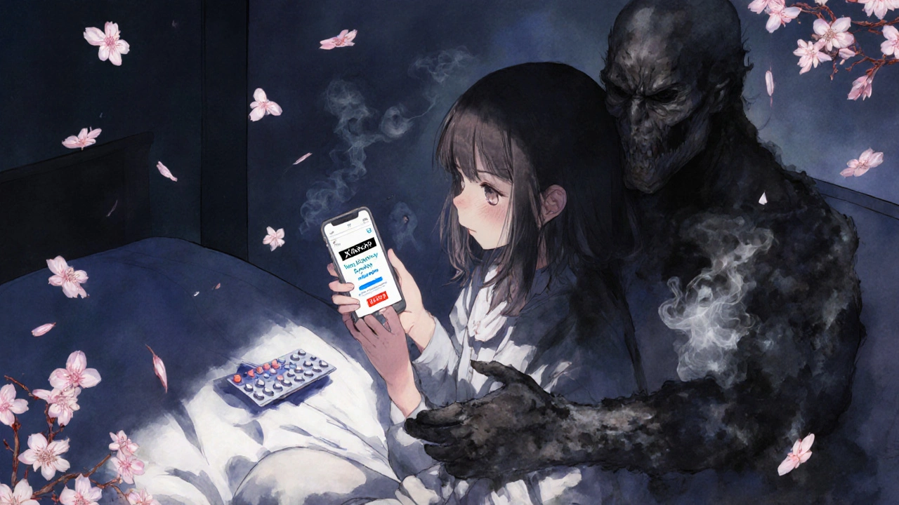 A teenager holding fake pills in her room, her shadow transforming into a smoky monster consuming her.