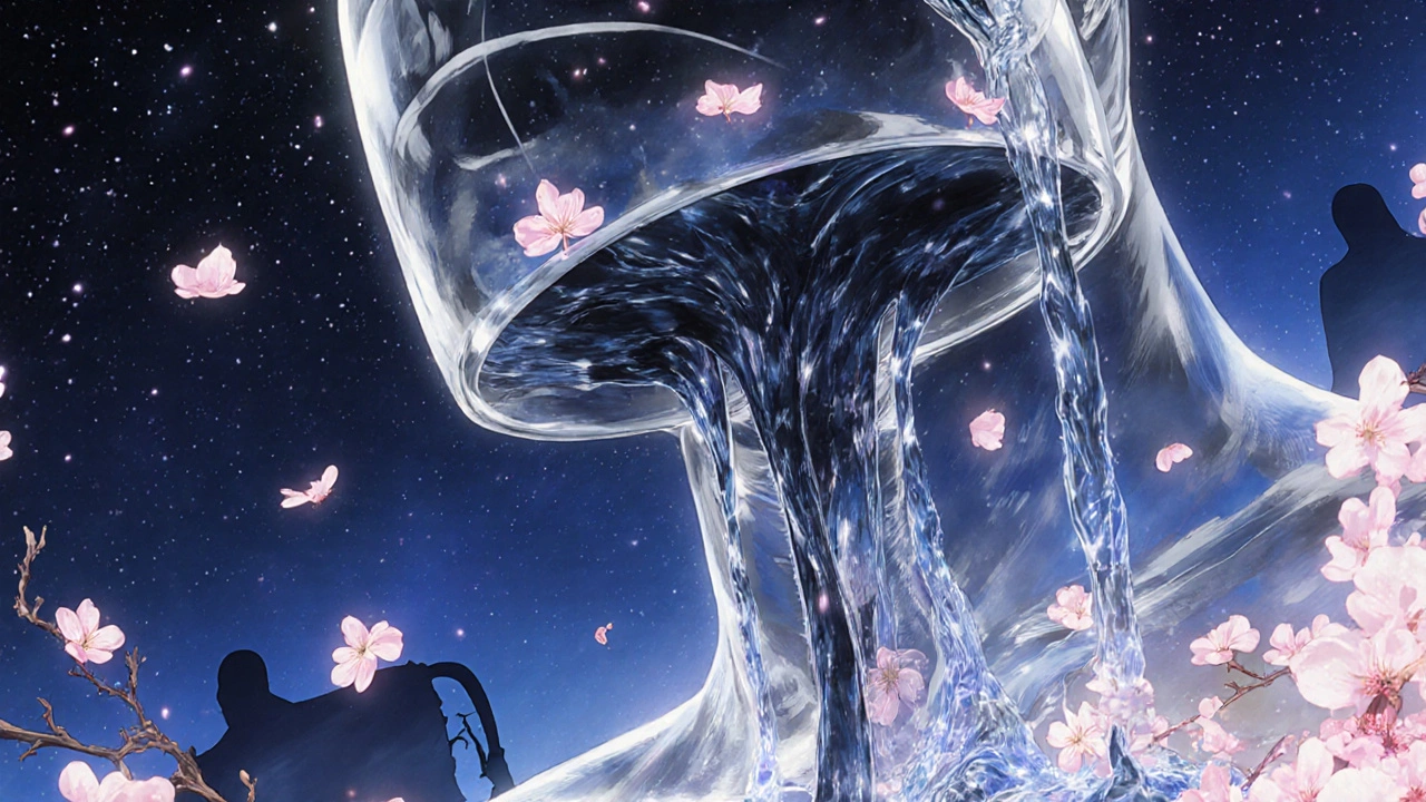 A translucent airway transforms dark fluids into clear streams as cherry blossoms dissolve into them.