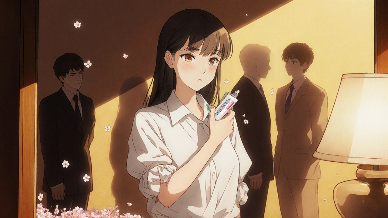 A woman applying prescription antiperspirant at a mirror, with ethereal particles entering her skin and blurred onlookers behind.