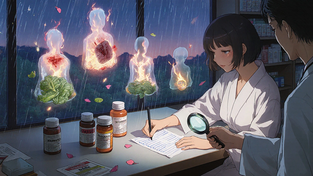 A woman at a pharmacy counter with her supplement list, ghostly warnings rising around her as a pharmacist examines them with light.