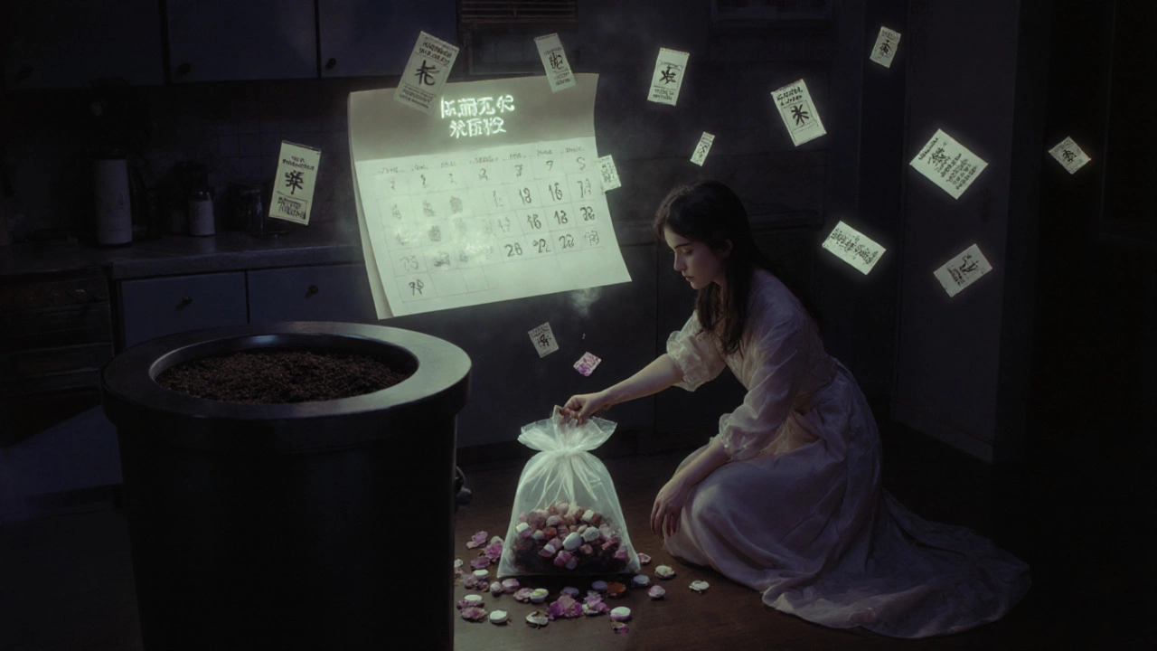 A woman disposing of expired meds in a bin, with floating labels and a calendar marking six-month check.