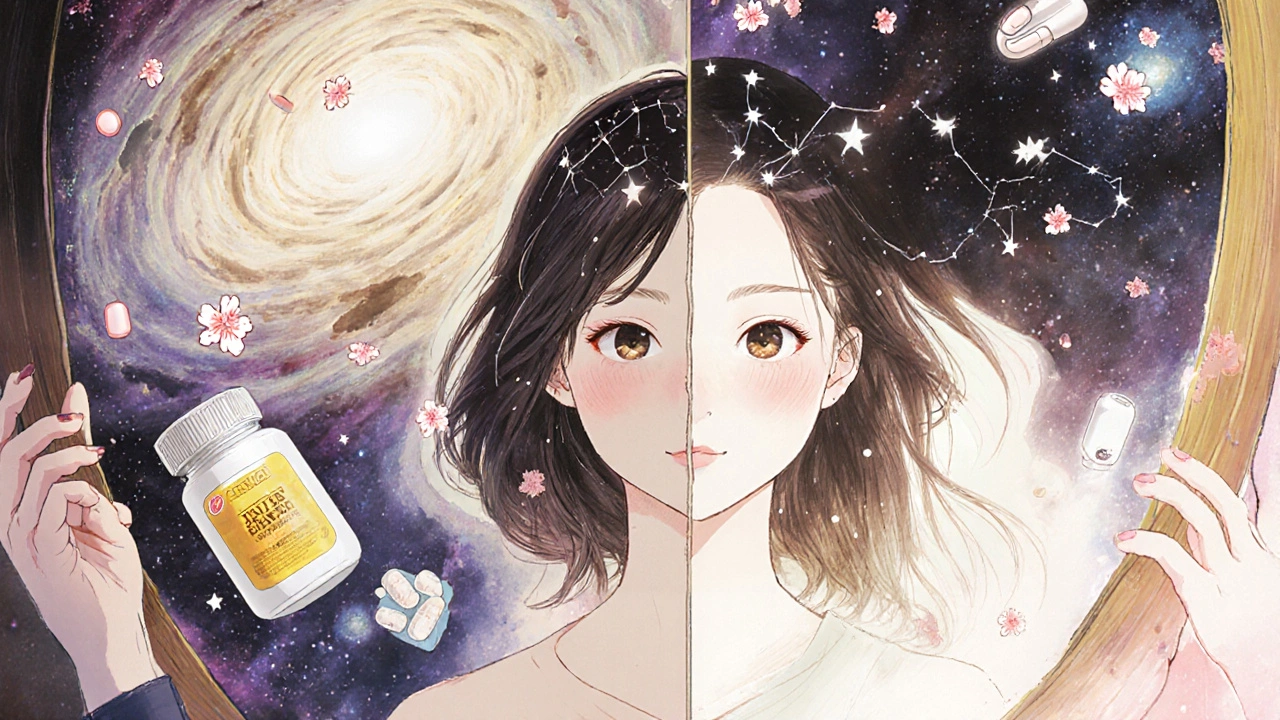 A woman sees two reflections in a mirror—one with full hair, one thinning—amidst swirling medical and natural symbols.