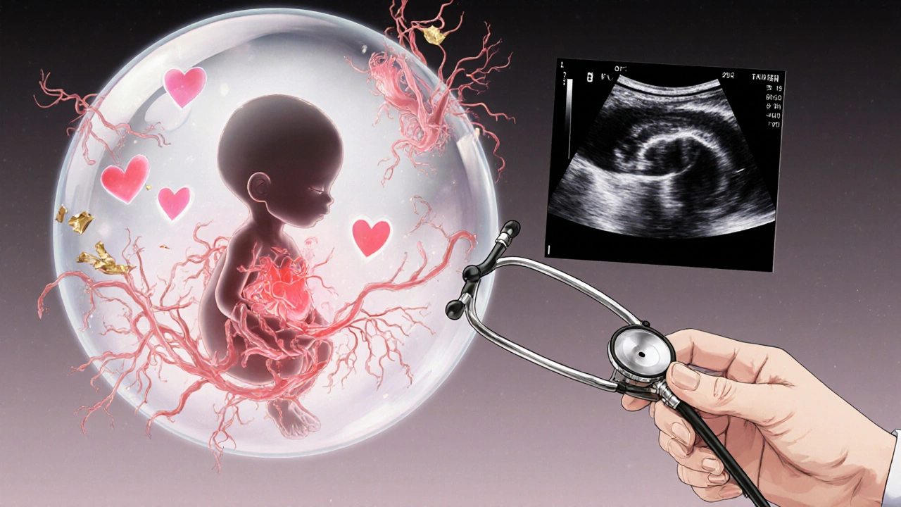 Fetal silhouette inside a bubble with glowing heart organs and neural tendrils, viewed through an ultrasound image.
