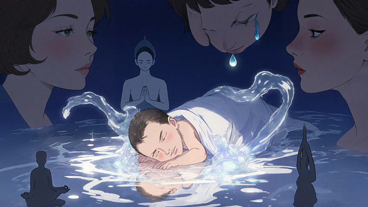 Newborn with trembling hands as ghostly energy drifts away, reflected in a pool showing therapy symbols.