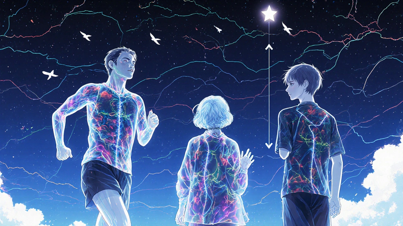 People beneath a sky-map of glucose trends, their bodies revealing internal light pathways with floating arrows.