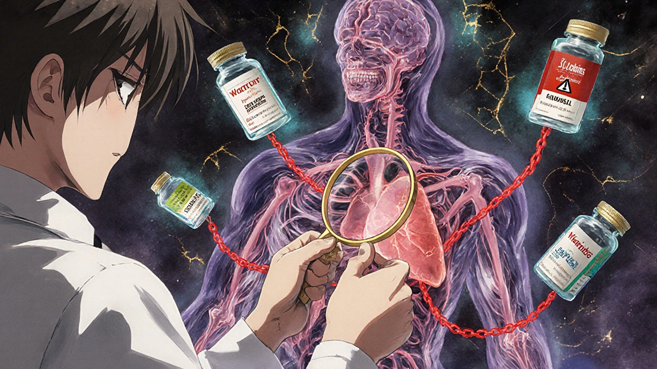 Pharmacist&#039;s hands using a magnifying glass over a glowing human body map with warning tendrils connecting pills.
