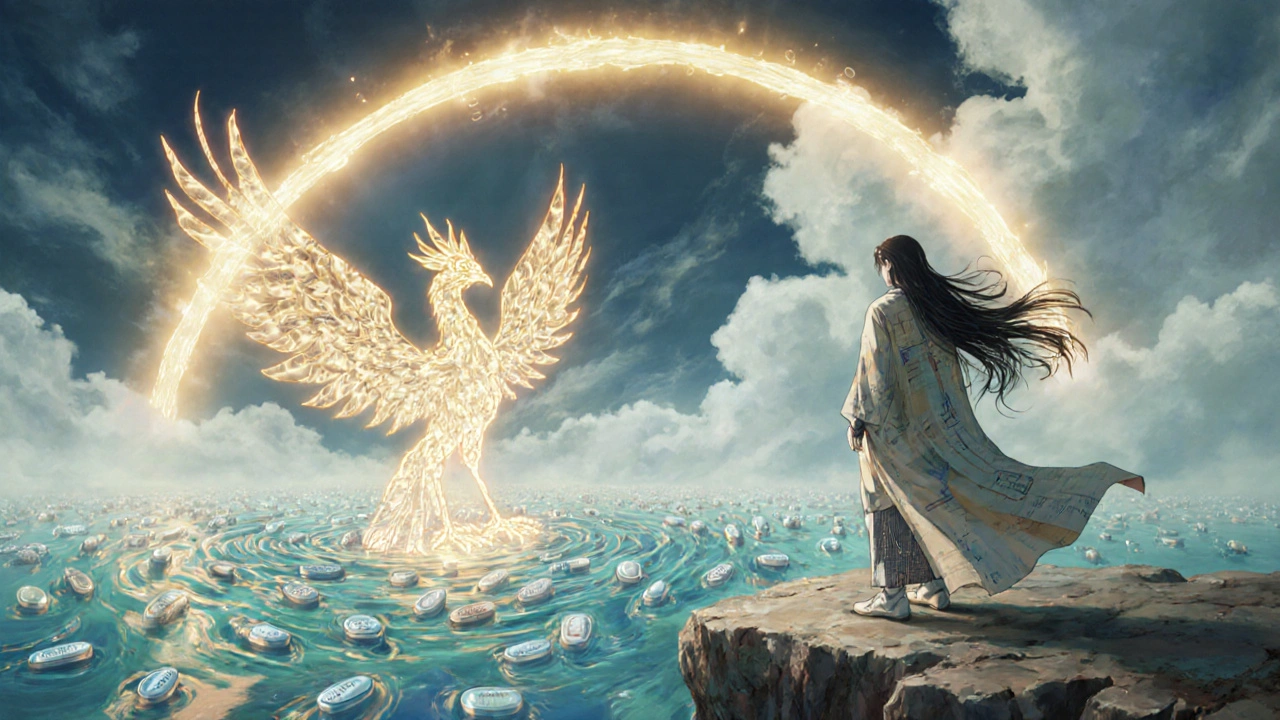 Scientist on a cliff above an ocean of pills, a phoenix made of drug absorption curves rising from a dissolving tablet.