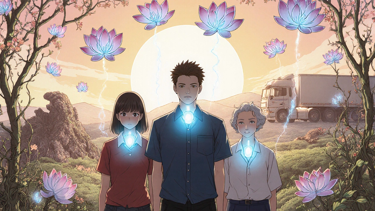 Three individuals stand under glowing guaifenesin lotus tablets, their throats connected by soft blue auras.
