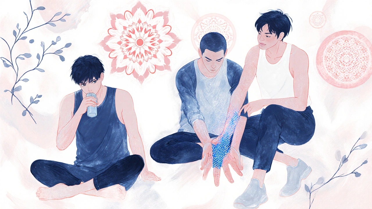 Three men recovering after exercise, with glowing blue circuitry and abstract blood flow patterns around them.