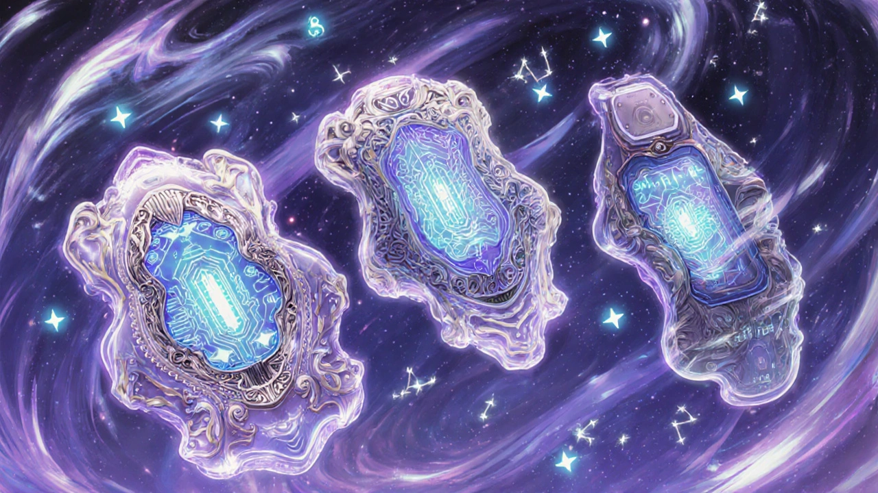 Three ornate CGM devices floating in a dreamy void, surrounded by glowing fluid patterns and arrows.