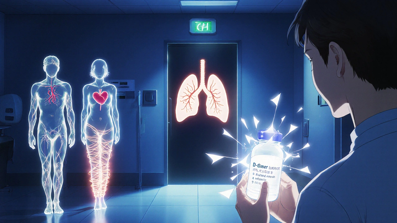 Three patients with PE symptoms represented as translucent figures in an emergency room, illuminated by diagnostic light.