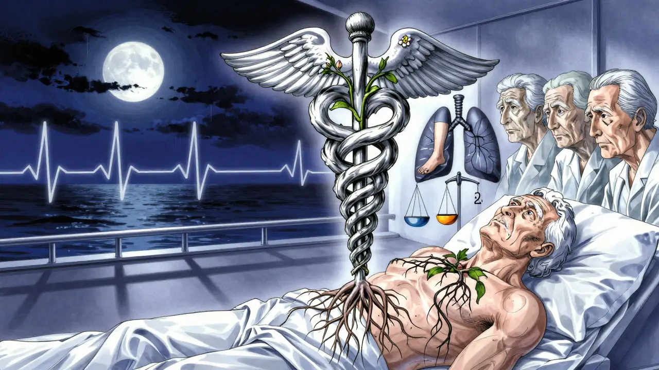 A caduceus vine rooted in a chest, blooming into medical warnings, surrounded by whispering elderly patients under moonlight.