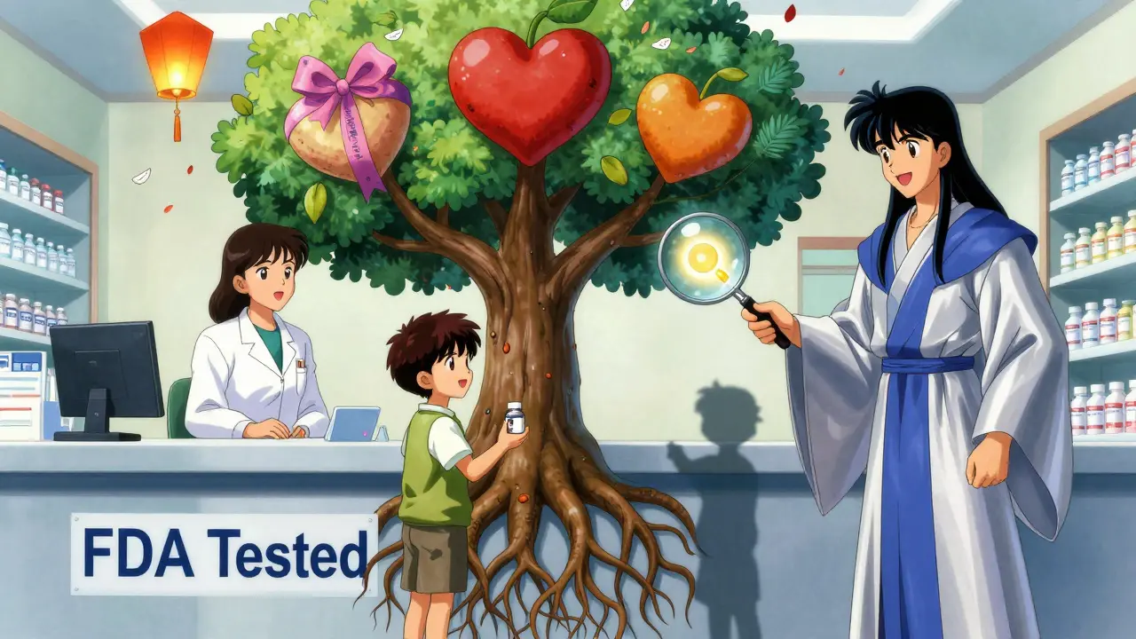 A child at a pharmacy holding a generic pill bottle as a mystical pharmacist smiles, with a symbolic tree of medicine behind them.