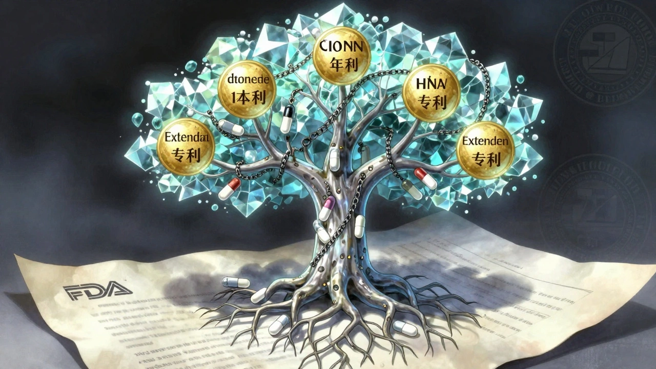 A crystalline biologic tree with golden patent years extending upward, challenged by chained generic pills.