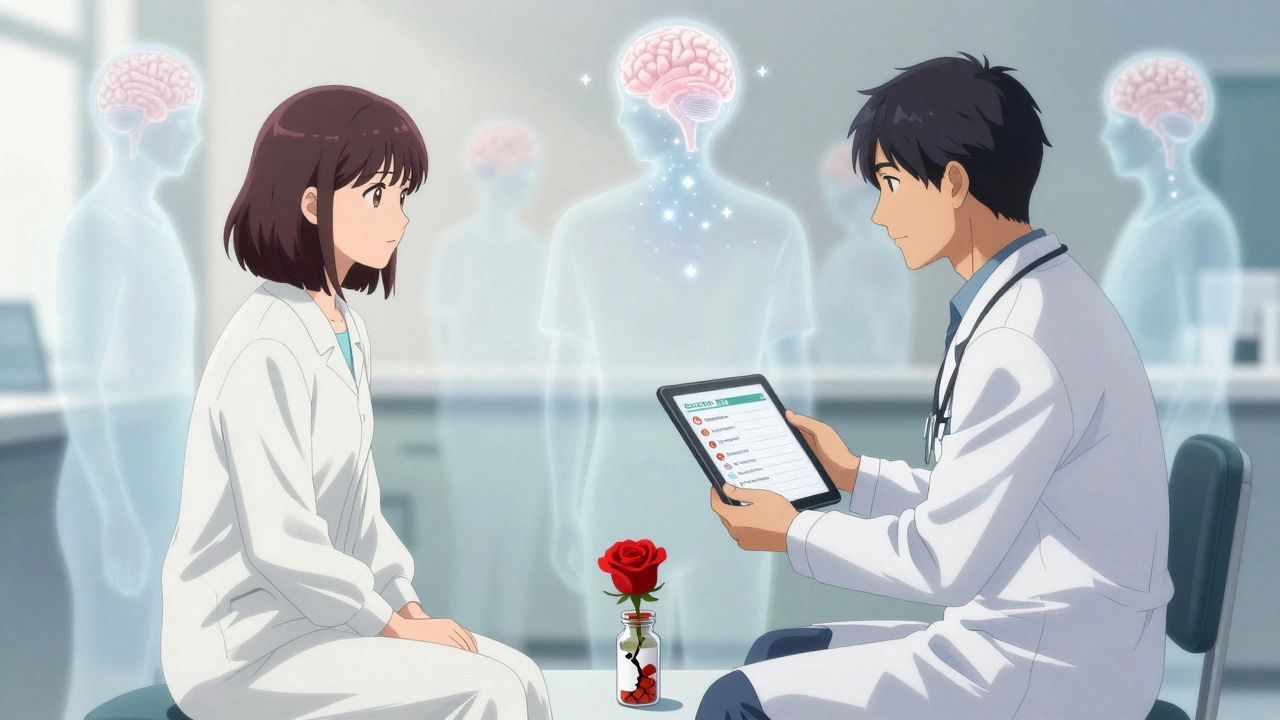 A doctor and patient in a clinic, with ghostly figures dissolving behind them and a rose blooming from a pill bottle.