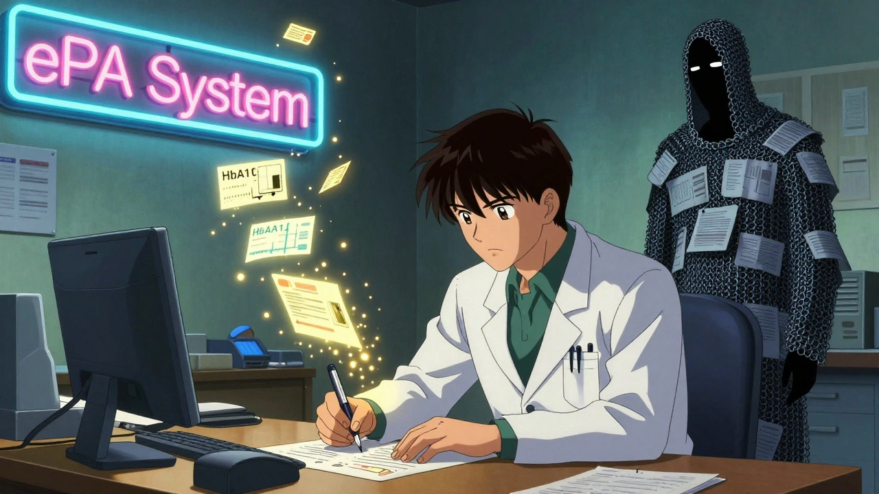 A doctor filling digital prior auth forms as a shadowy insurer looms, clinical data dissolving into light.