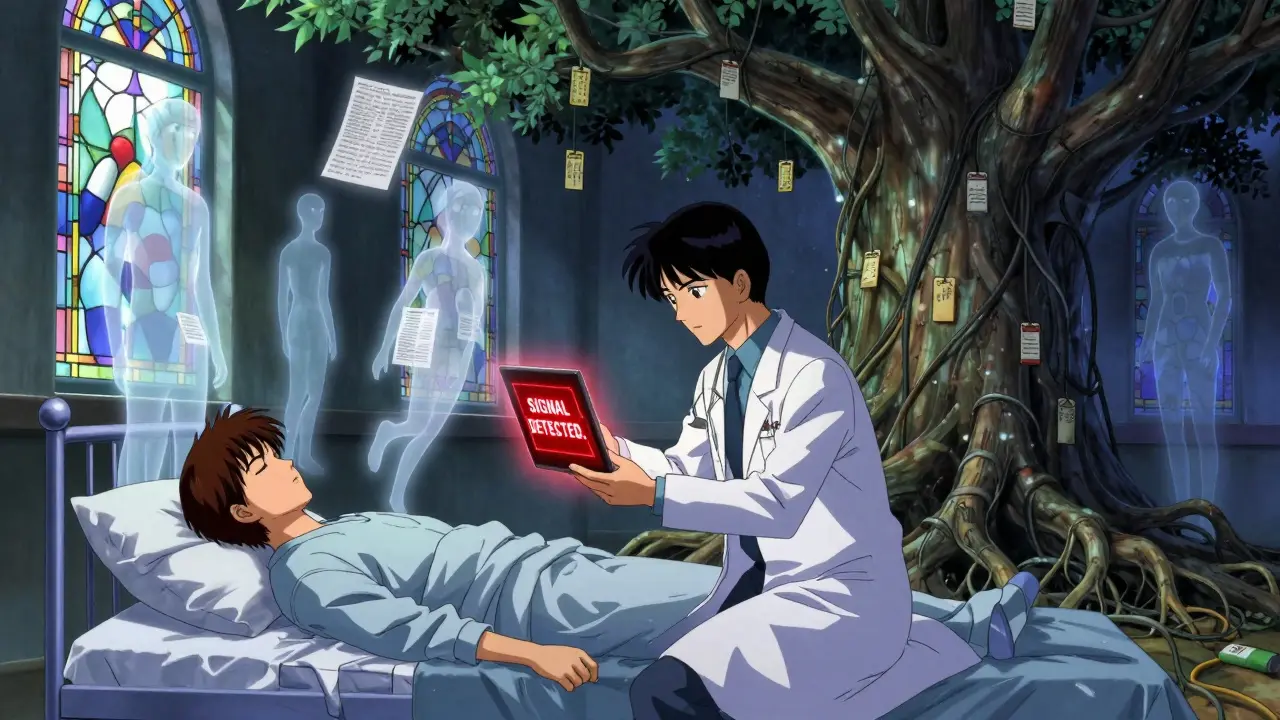 A doctor views a holographic alert as patient spirits rise into a tree made of medical records and server cables.