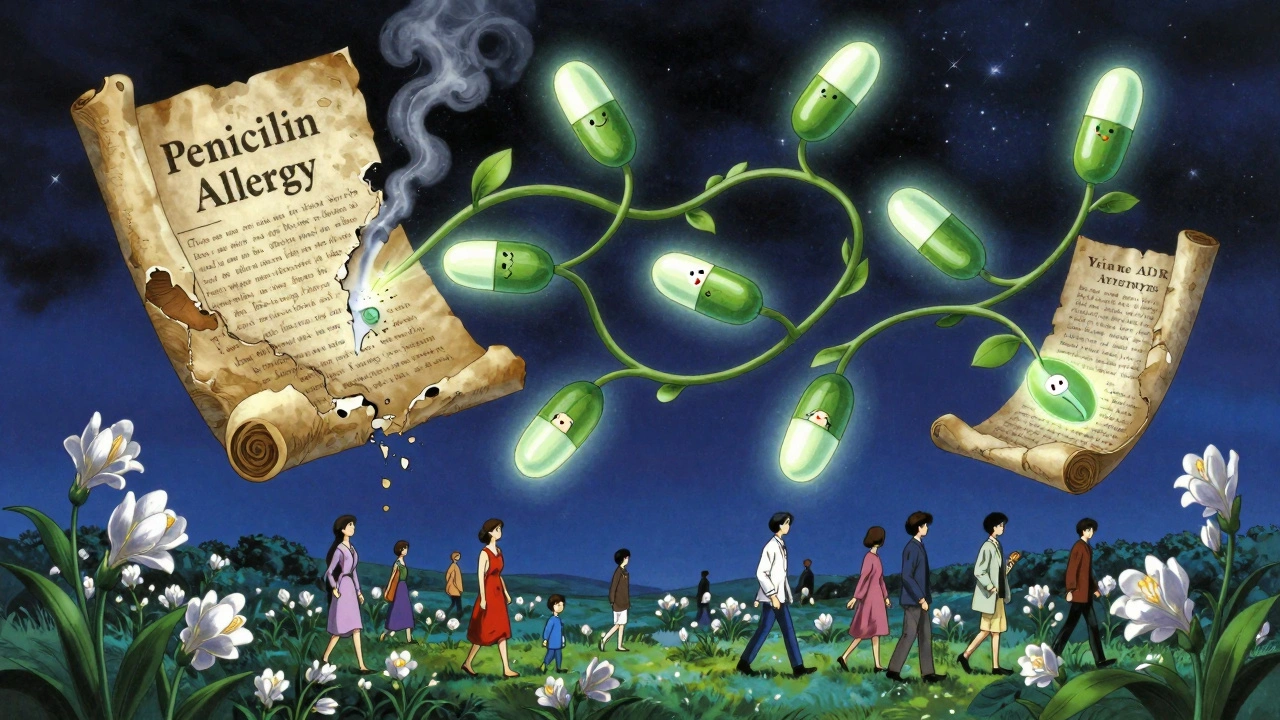 A floating library of crumbling allergy scrolls replaced by glowing antibiotic vines under a starry sky.