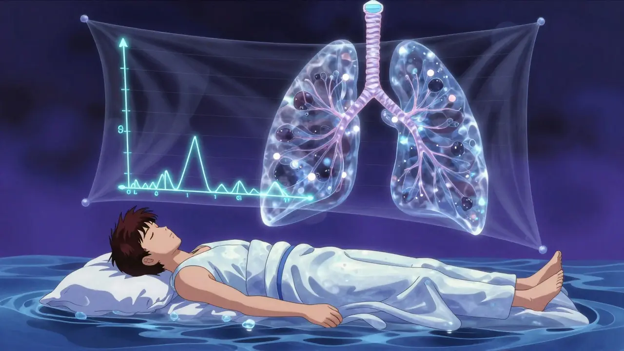 A floating medical chart with glowing data streams above a sleeping patient, as crystal growth pulses in their organs.