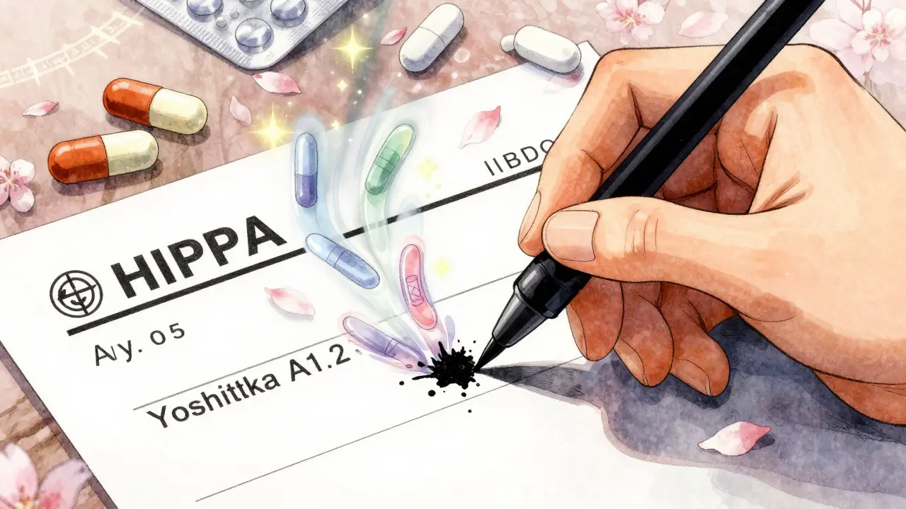 A hand obscuring a prescription label with ink, as expired meds dissolve into starlight and cherry blossoms drift nearby.