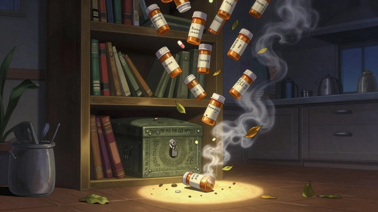 A hidden lockbox behind a bookshelf, prescription bottles drifting down like falling leaves, one shattering into smoke in moonlight.
