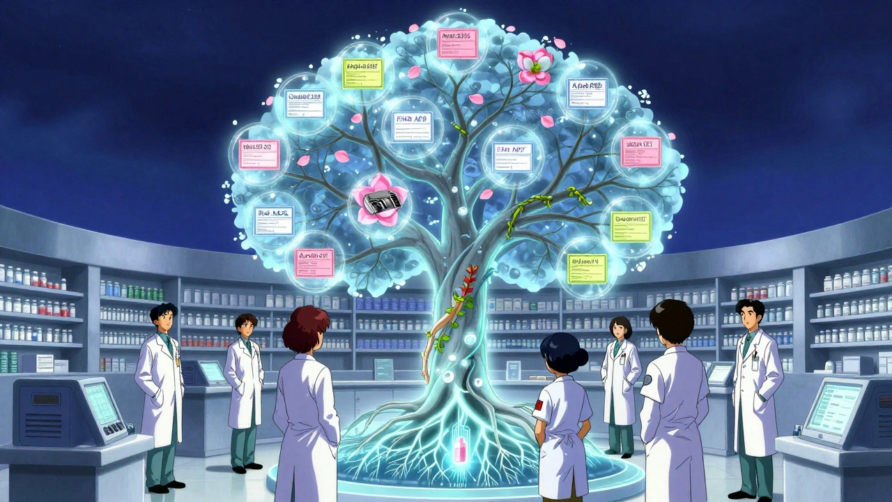 A holographic tree in a pharmacy control room showing patient medication journeys with glowing approval branches.