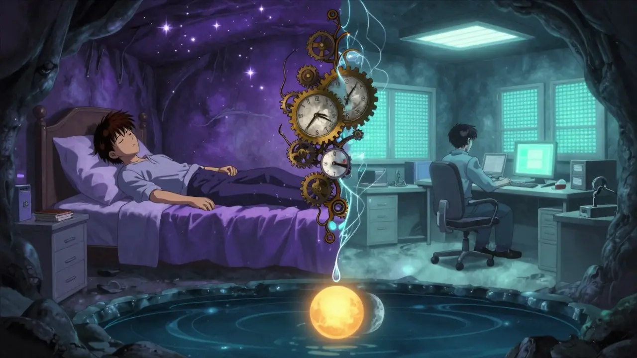 A human figure split between sleep and work worlds, composed of gears and neural paths, with rising sun and setting moon reflected in a tear.