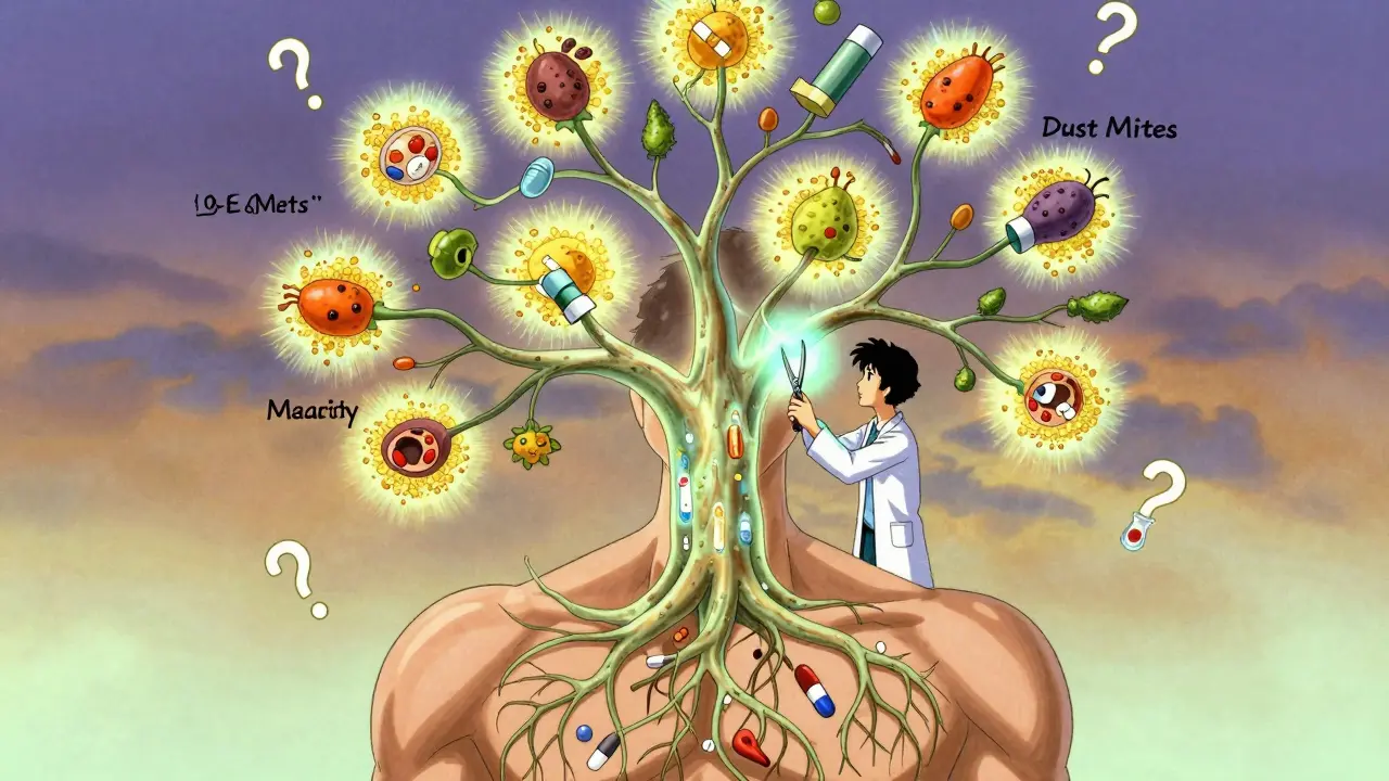 A mystical tree growing from a chest, rooted in immune cells, with inhalers and tablets as fruit under a twilight sky.