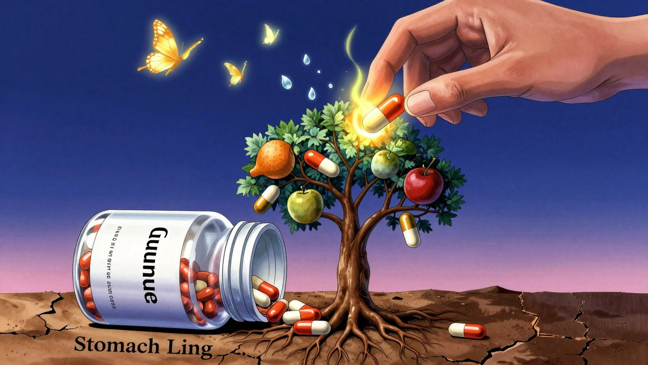 A mystical tree growing from a medicine bottle, bearing healing pills as fruit, with butterflies of water dissolving acid smoke.