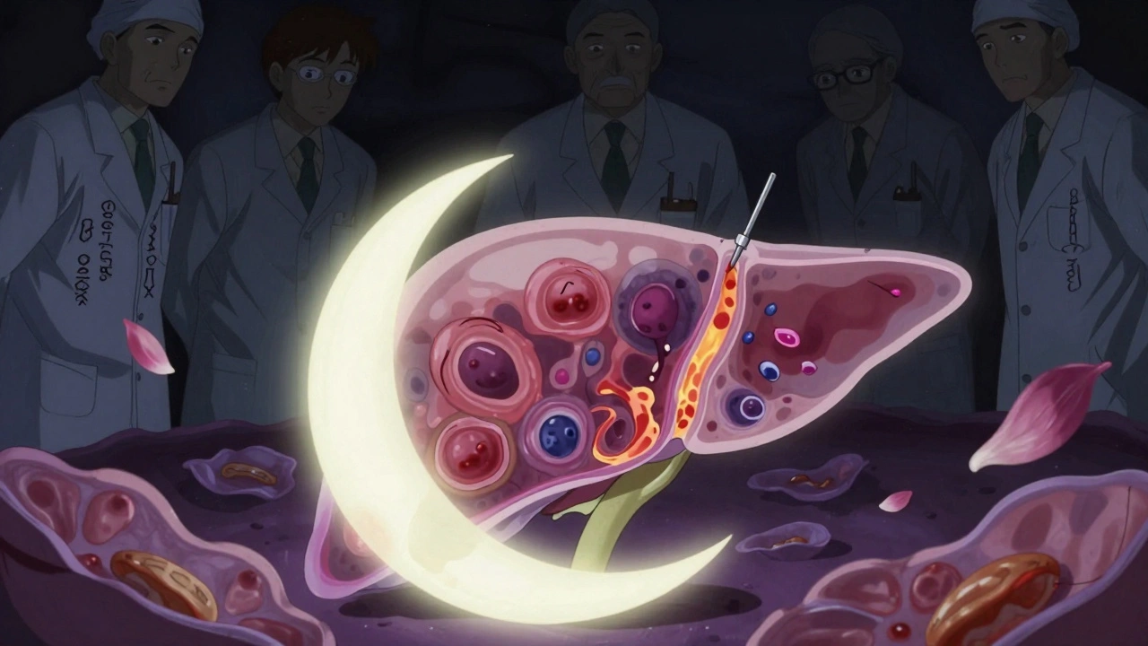 A needle piercing a translucent liver, revealing microscopic inflammation and healing patterns.