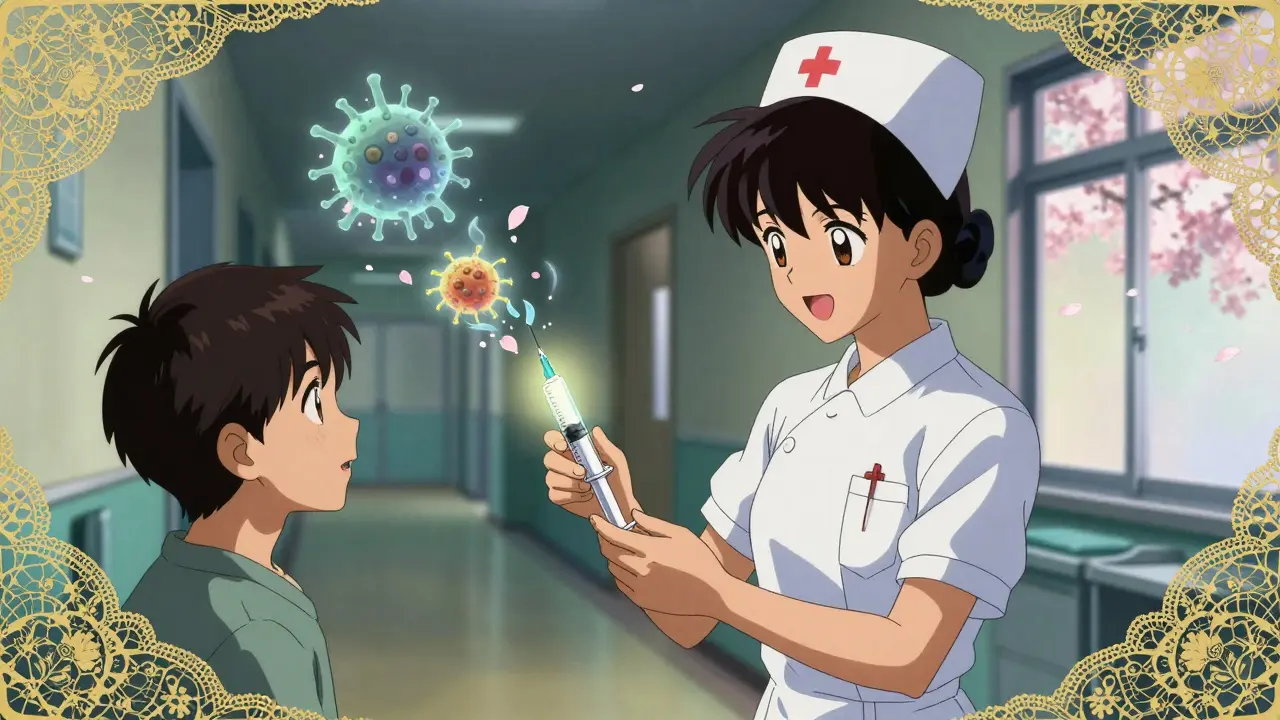 A nurse handing a glowing syringe to a patient as superbugs dissolve into petals in a hospital corridor.