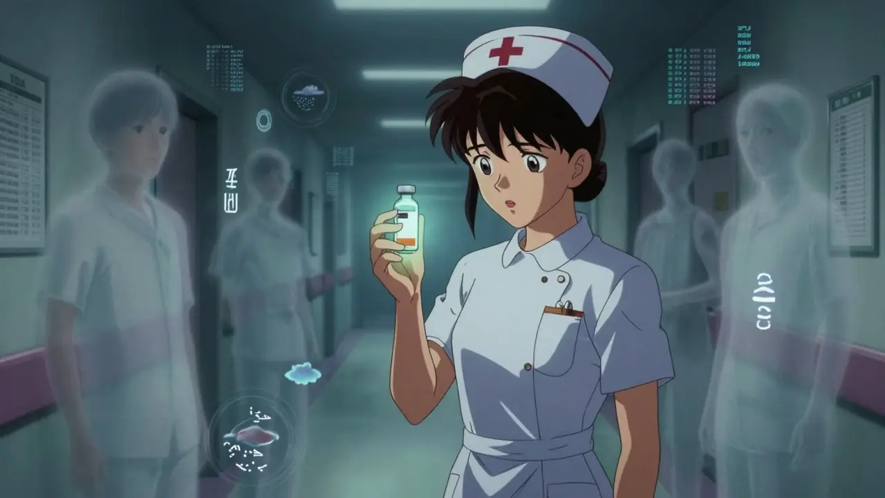 A nurse holds the last vial of morphine as ghostly patients fade around her.