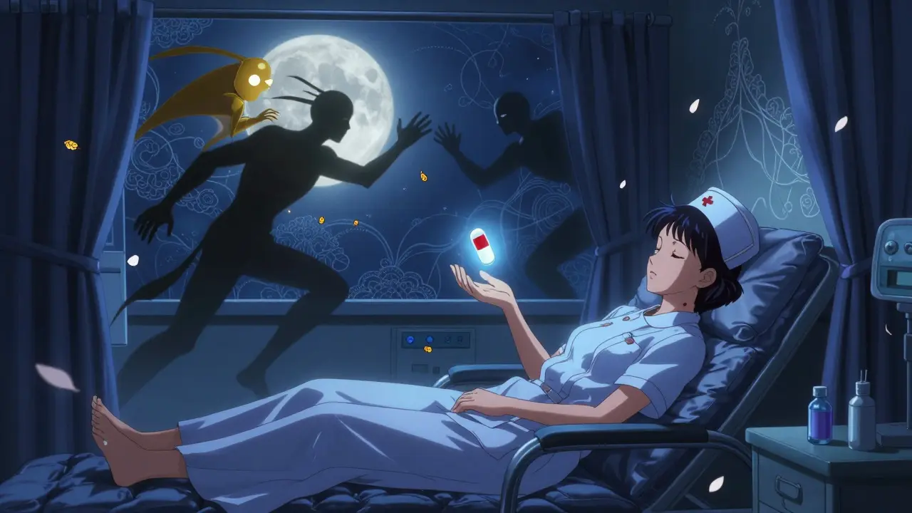 A nurse naps in a dark room as melatonin and cortisol spirits float above, with circadian patterns on the walls.