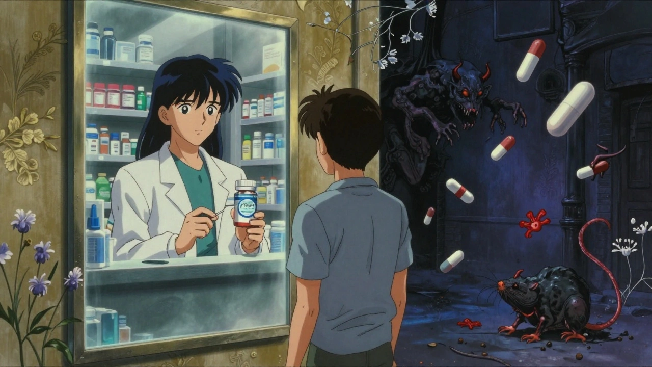 A patient facing a mirror showing a safe pharmacy on one side and dangerous fake pills as shadowy demons on the other.