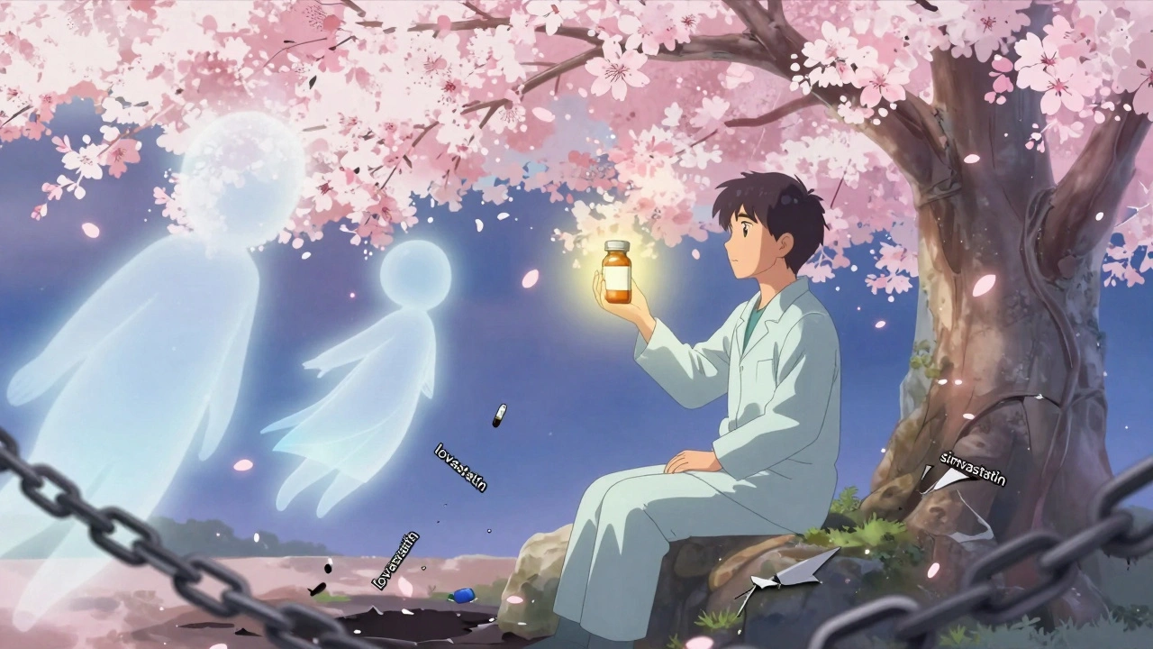 A patient in a peaceful garden holding pitavastatin, surrounded by gentle spirits of safe medications, with broken chains falling away.
