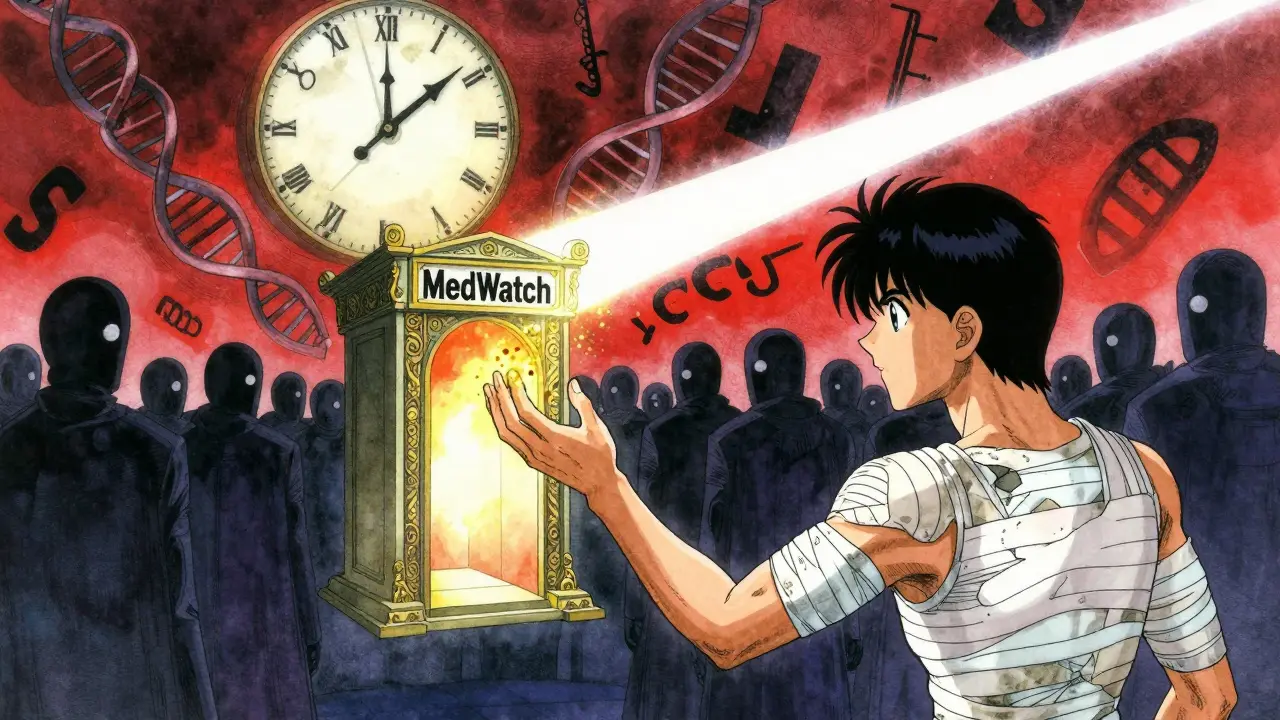 A patient reaches for a MedWatch portal as golden particles rise, surrounded by indifferent crowds and swirling warnings.