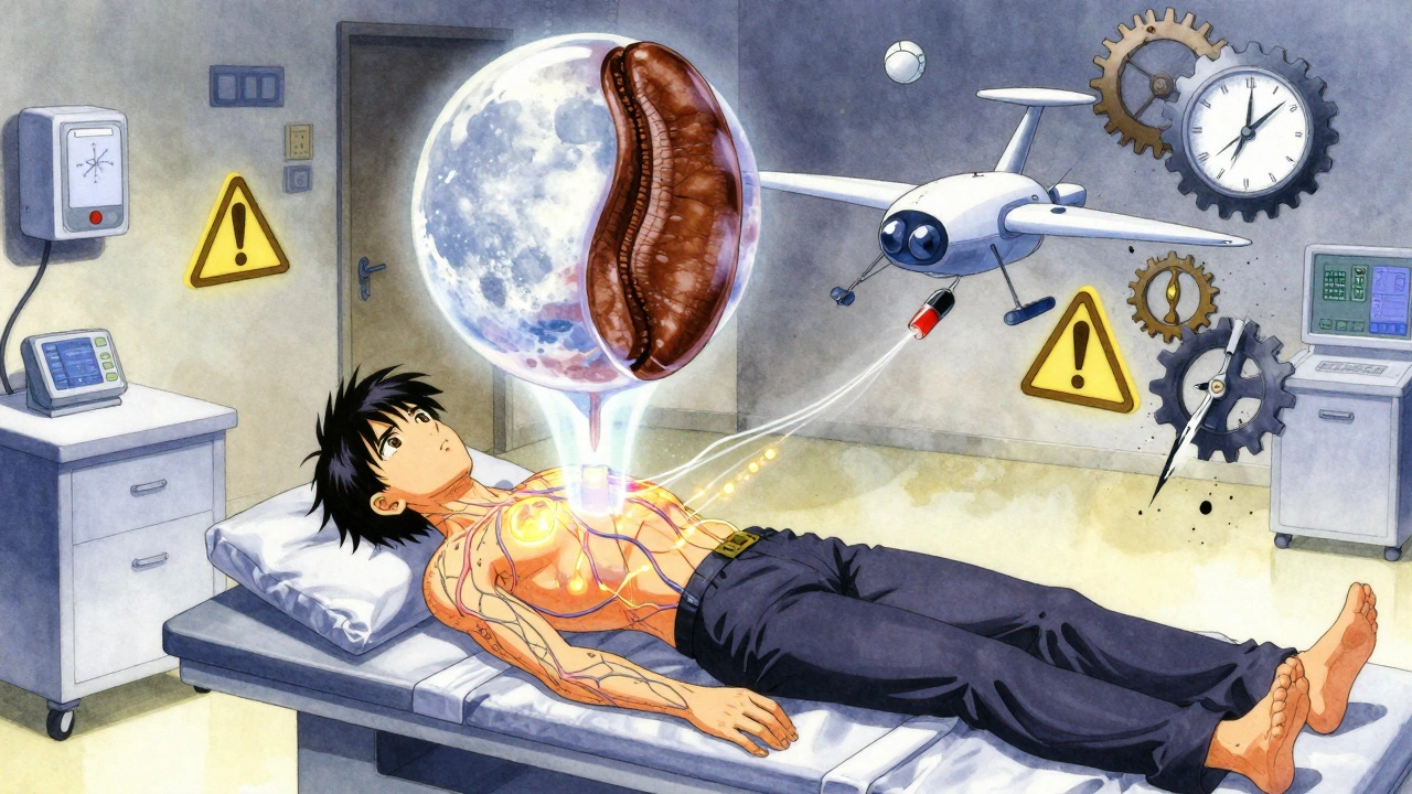 A patient under a glowing coffee bean during a cardiac test, with medical symbols blocking the treatment.
