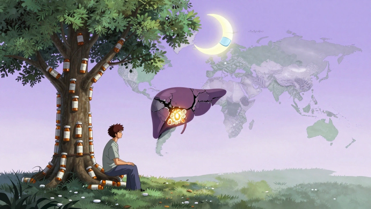 A patient under a tree of pill bottles, their shadow a crumbling liver with vitamin B6 crystals, in soft Amano tones.