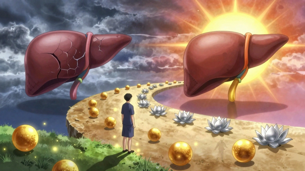 A patient walking a path of pills, facing two futures: liver failure or regeneration.