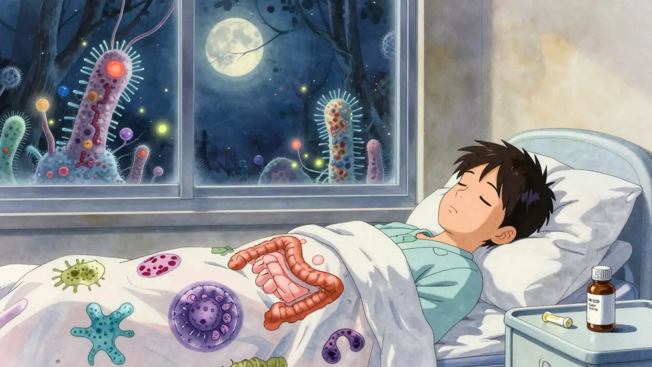 A peaceful patient in a hospital room with a probiotic bottle beside an antibiotic bottle, as glowing gut flora bloom outside the window.