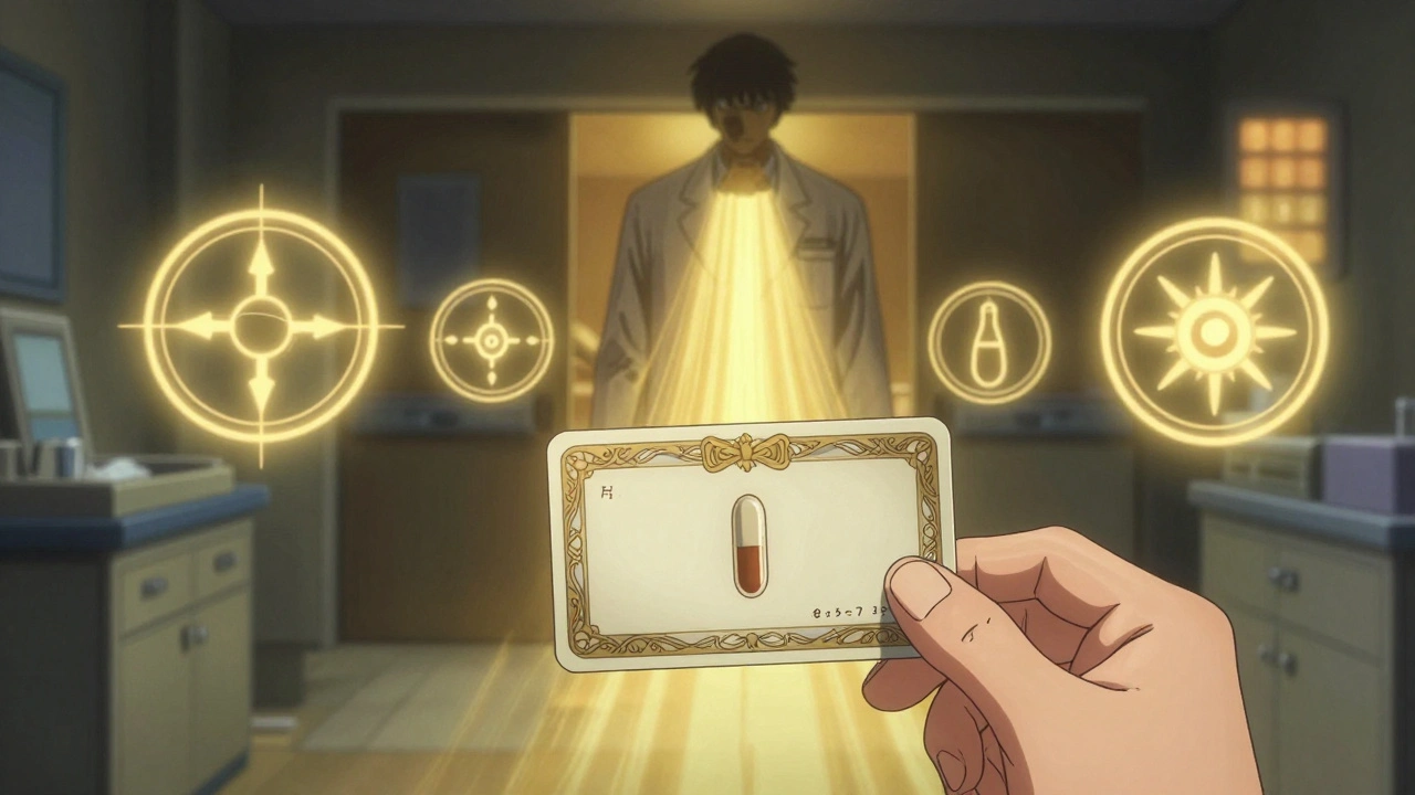 A person holding a wallet card as a shadowy doctor fades, replaced by radiant antibiotic symbols on a hopeful path.